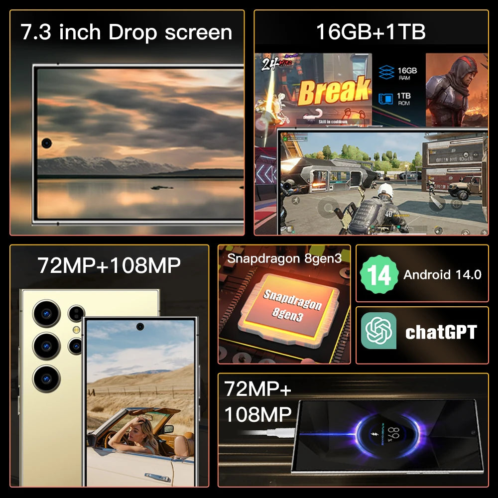 2025 NOUVEAU S26 Ultra téléphones portables Smartphone d'origine 5G double SIM Android 14 téléphone portable Snapdragon 8 gen 3 téléphones mobiles intelligents