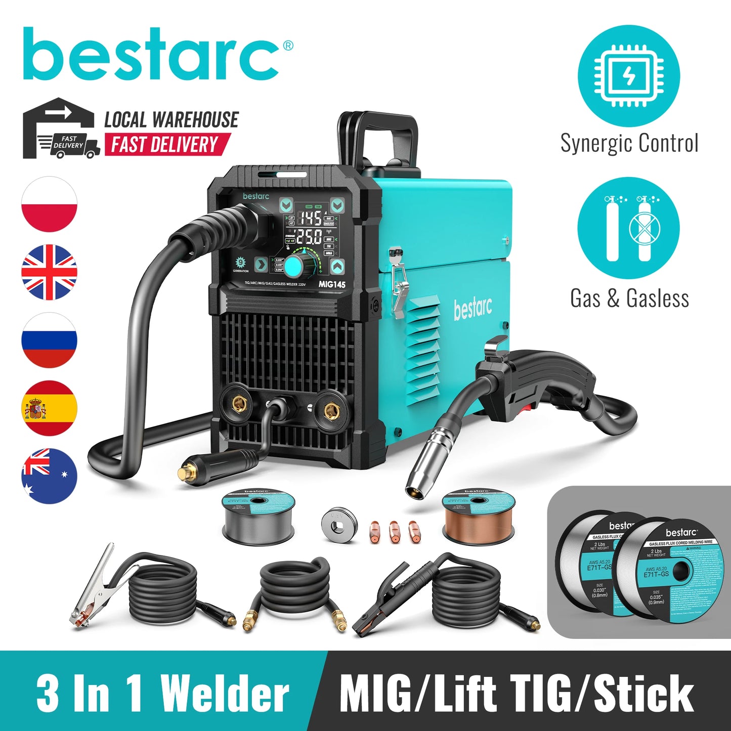 BESTAC-Soudeur MIG 3 en 1 avec affichage numérique, monophasé, 145 V, 220 ampères, gaz MIG/sans gaz MIG/Lift TIG/Stick