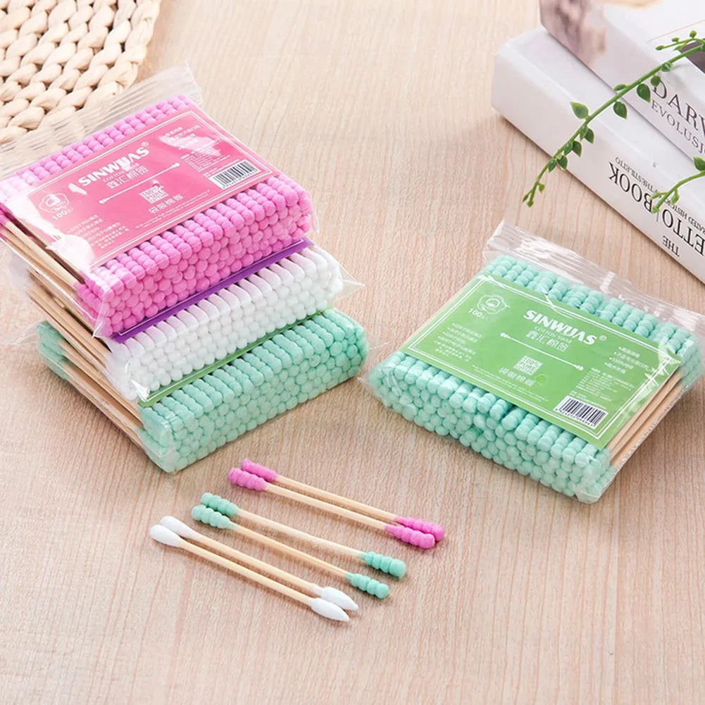 100 pièces/ensemble coton-tige Double tête applicateur de rouge à lèvres écouvillons dissolvant bâtons oreille propre bâtons en bois coton-tige outils de maquillage