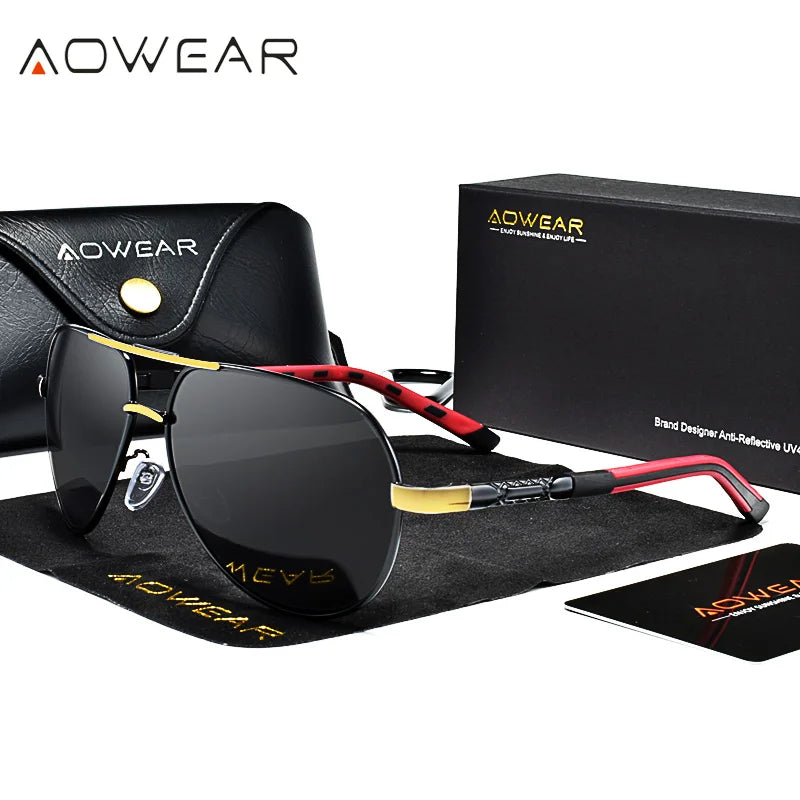 AOWEAR Aviation luxe lunettes de soleil hommes polarisées surdimensionné conduite miroir lunettes mâle marque concepteur rétro lunettes avec étui