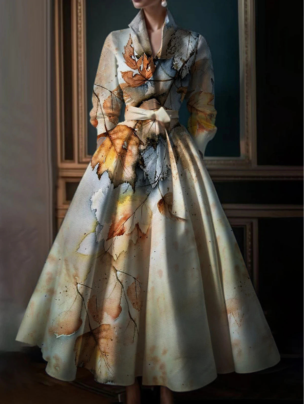 Elegant Floral Printing Maxi Dresses Multicolor Turndown Collar Long Sleeve Cotton Long Dress Party Wedding Evening Dress 2024