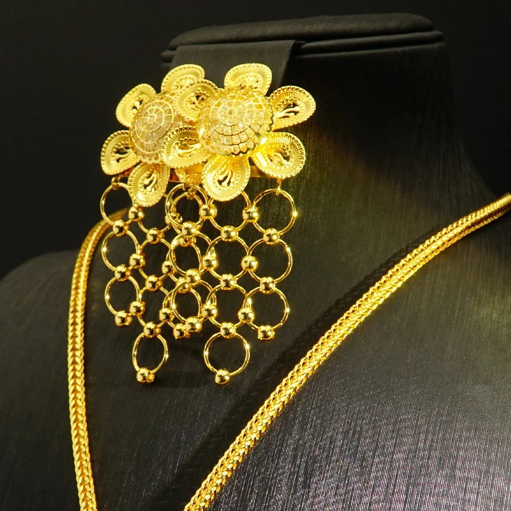 Ensemble de boucles d'oreilles et collier avec pendentif en forme de fleur en or 24 carats plaqué cuivre, accessoires de mariage pour femmes