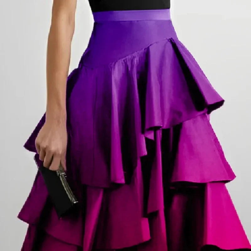 Beautyblue robes de soirée élégantes pour femmes 2025 dégradé jupes longues mode a-ligne Falbala taille haute bas jupe femme