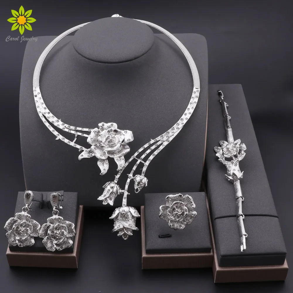 Ensembles de bijoux à la mode pour femmes, boucles d'oreilles, bague, Bracelet, collier, couleur argent, pendentif fleur classique, accessoires pour robe de mariée