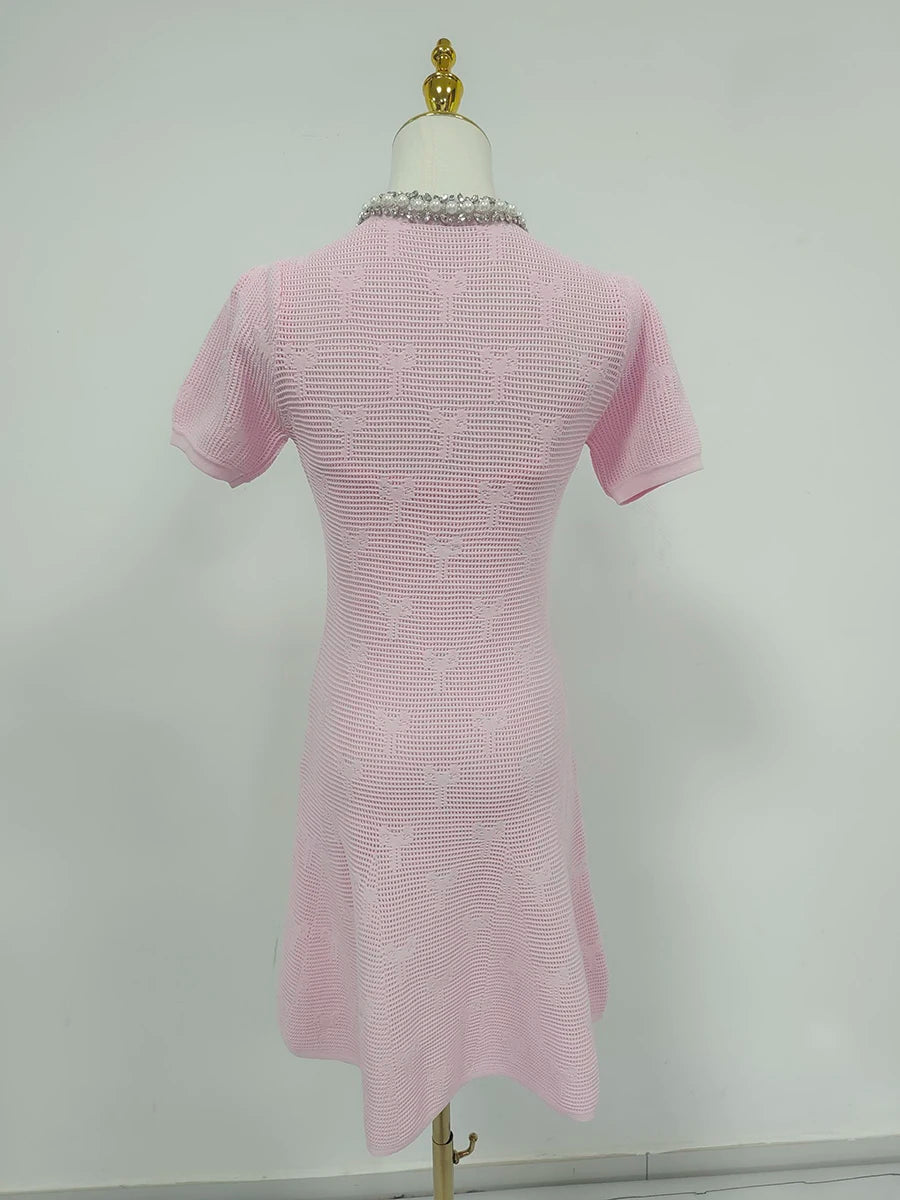 VGH – ensemble deux pièces tricoté pour femmes, col rond, perles épissées, manches courtes, taille haute, Mini robe avec écharpe, tenue unie, nouvelle collection