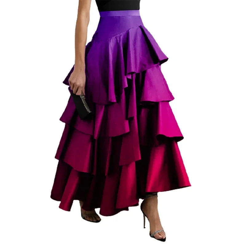 Beautyblue robes de soirée élégantes pour femmes 2025 dégradé jupes longues mode a-ligne Falbala taille haute bas jupe femme