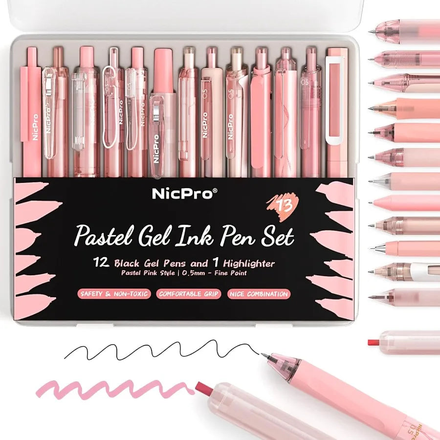 Ensemble de stylos à encre Gel Pastel, avec étui, joli stylo rétractable à pointe Fine de 0.5mm, 12 stylos roses, encre noire avec 1 surligneur esthétique, 13 paquets
