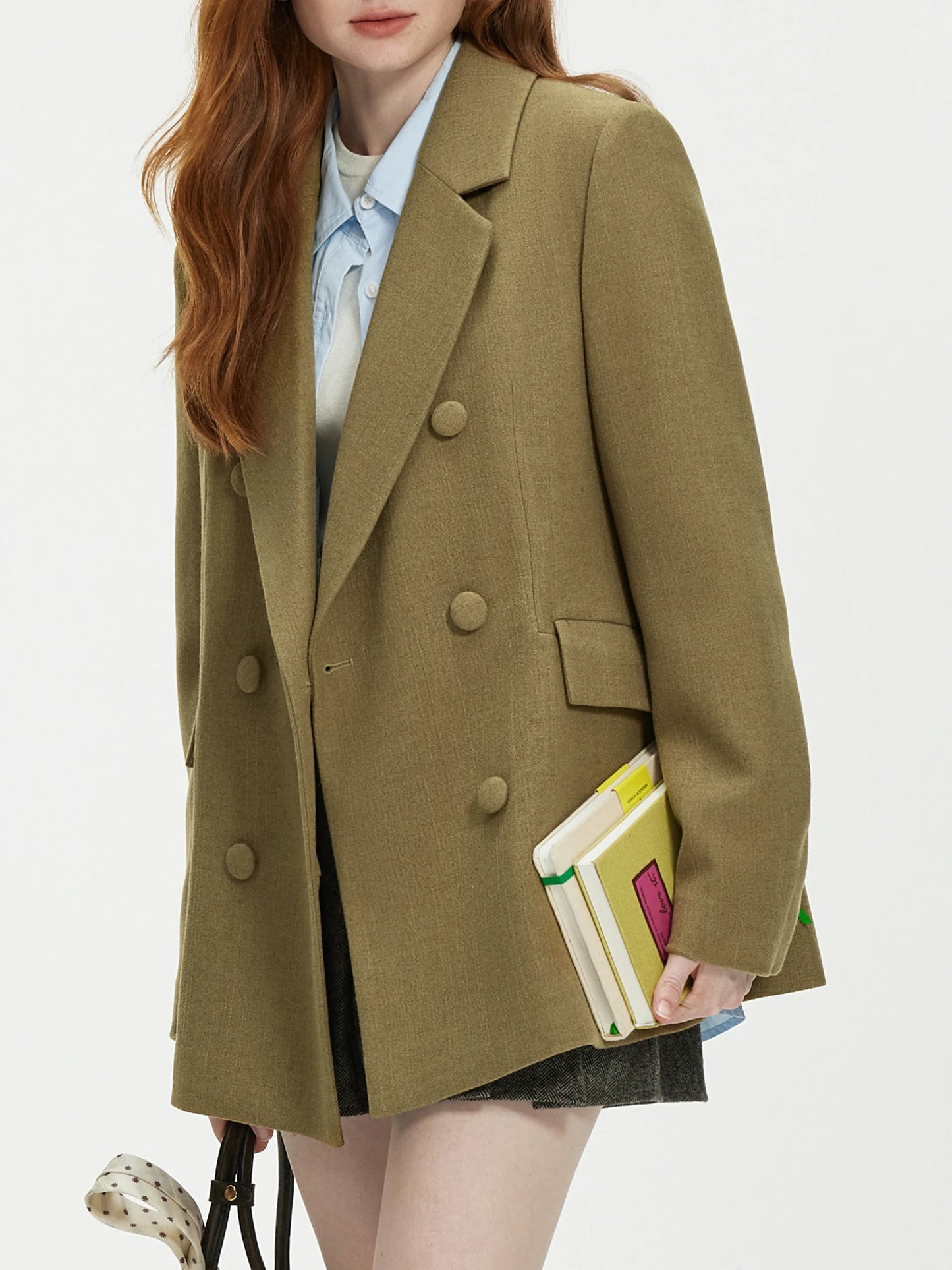 FSLE-Blazer marron 3.5% laine pour femme, col croisé, bouton croisé, taille fine, devant, manteau initié, 24FS14489