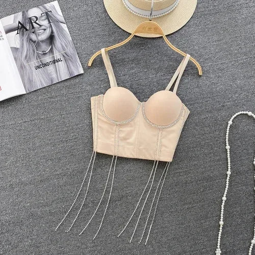 Femmes Chic glands coussinets strass basique Corset bretelles Camis mince chaud Sexy mode nu nombril dos nu hauts femmes haut court