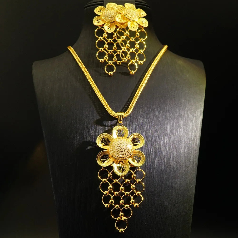 Ensemble de boucles d'oreilles et collier avec pendentif en forme de fleur en or 24 carats plaqué cuivre, accessoires de mariage pour femmes