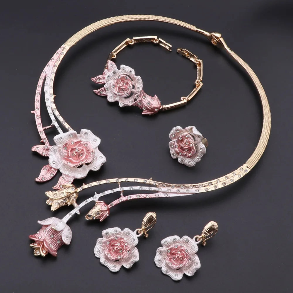 Ensembles de bijoux à la mode pour femmes, boucles d'oreilles, bague, Bracelet, collier, couleur argent, pendentif fleur classique, accessoires pour robe de mariée