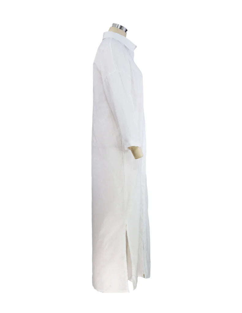 BAMBOOBOY Summer Long Dress Women Three-quarter Sleeve Button Shirts Single Breasted Dresses V-Neck Loose Slit Beach Sundress