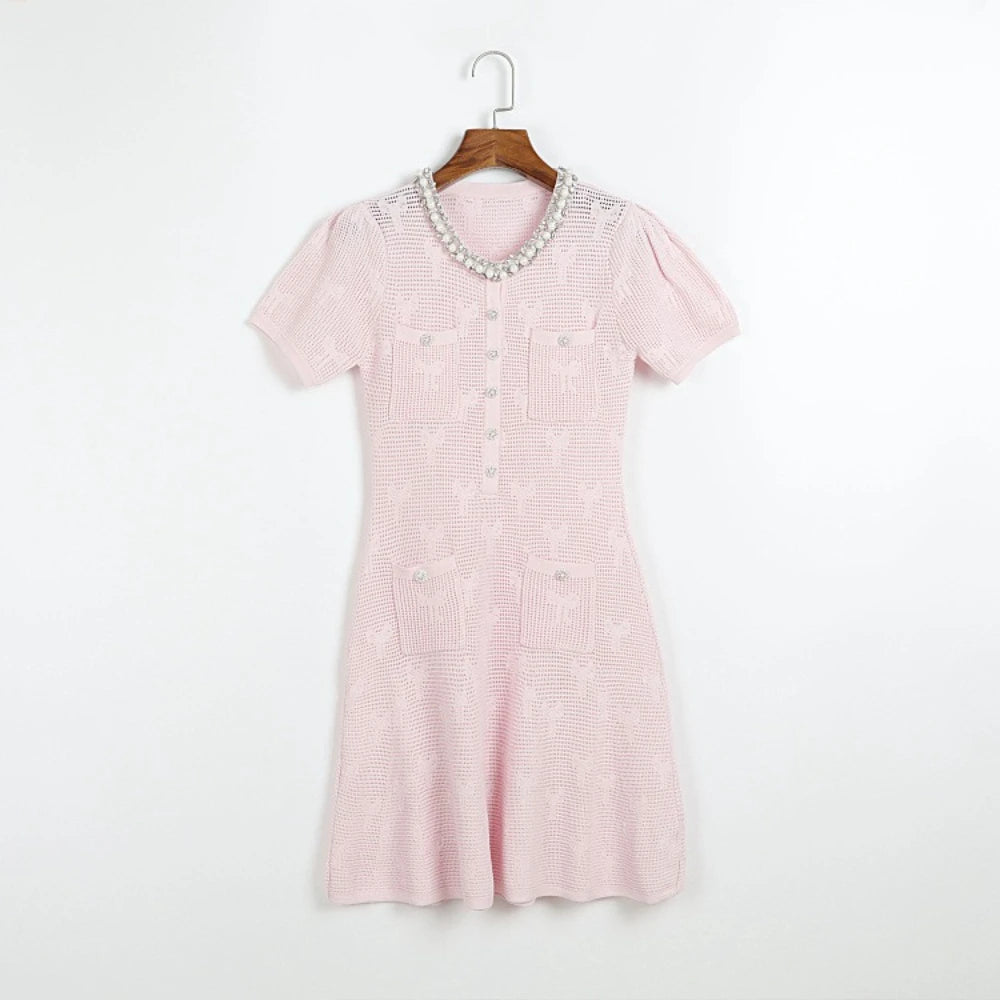 VGH – ensemble deux pièces tricoté pour femmes, col rond, perles épissées, manches courtes, taille haute, Mini robe avec écharpe, tenue unie, nouvelle collection
