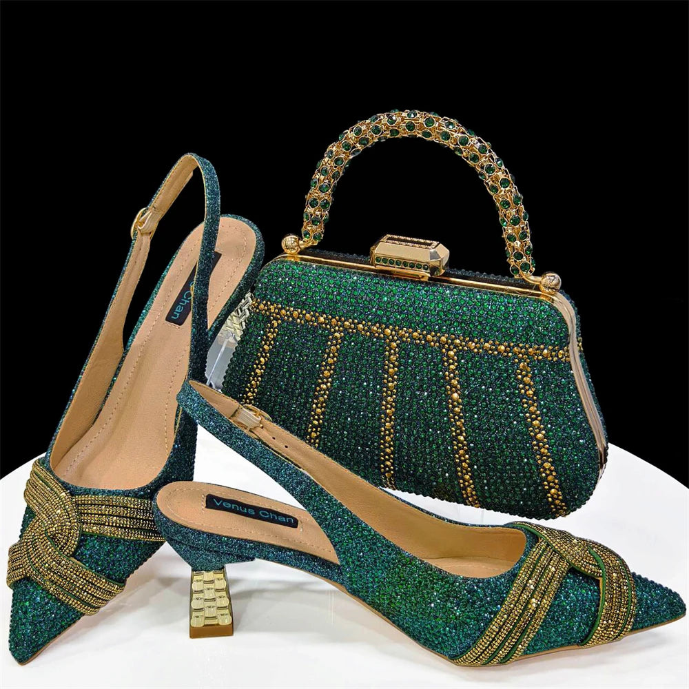 Venus Chan 2024 Design spécial haute qualité couleur Orange femmes africaines chaussures et sac ensemble avec cristal brillant pour la fête de mariage