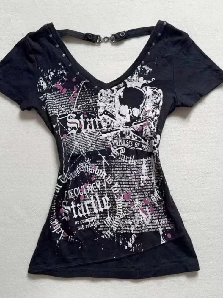 Vintage vêtements femmes imprimer Sexy Punk Streetwear mince Femme t-shirts chemise gothique décontracté Grunge t-shirts 2000s Emo Y2k haut court