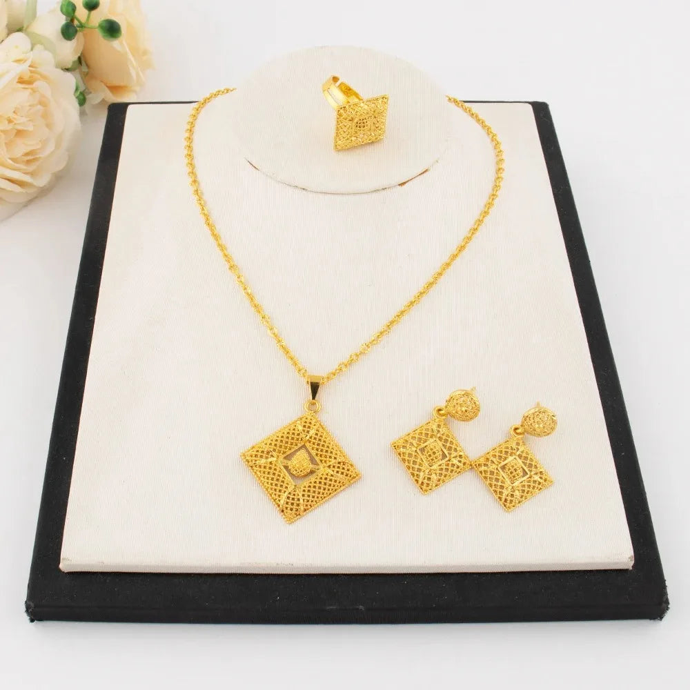 Ensemble de bijoux de luxe plaqués or 18 carats, ensembles de bijoux italiens pour femmes, collier et boucles d'oreilles de mariée, bague, cadeau de mariage africain