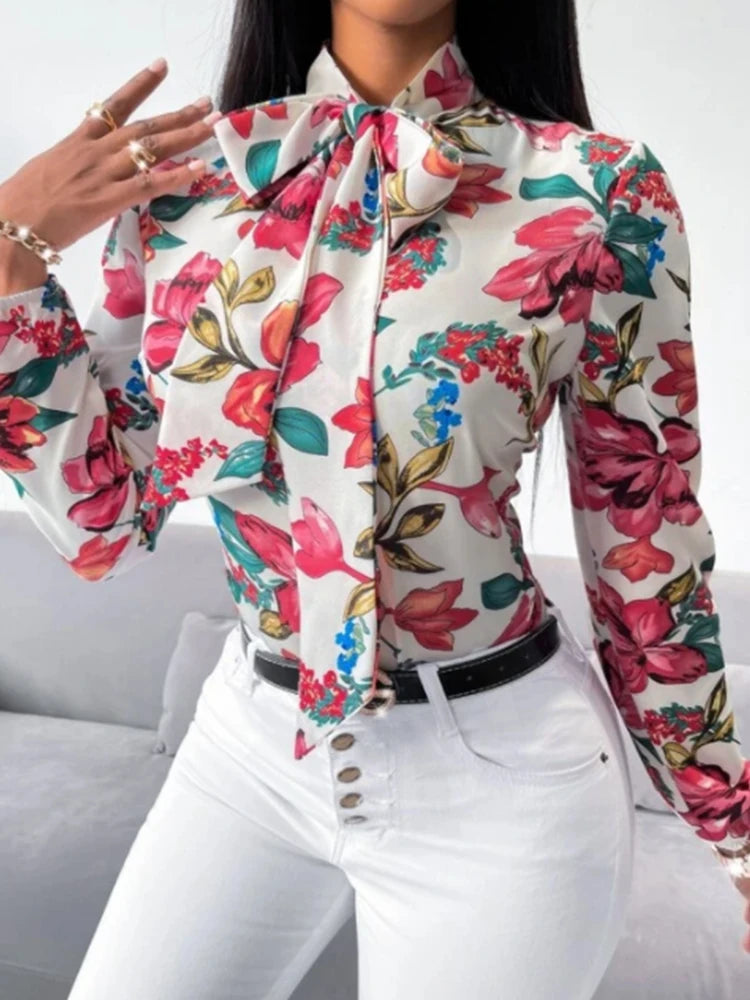 Vêtements de travail à imprimé floral pour femmes, chemise à nœud, habillage de bureau, vêtements d'affaires décontractés, mode