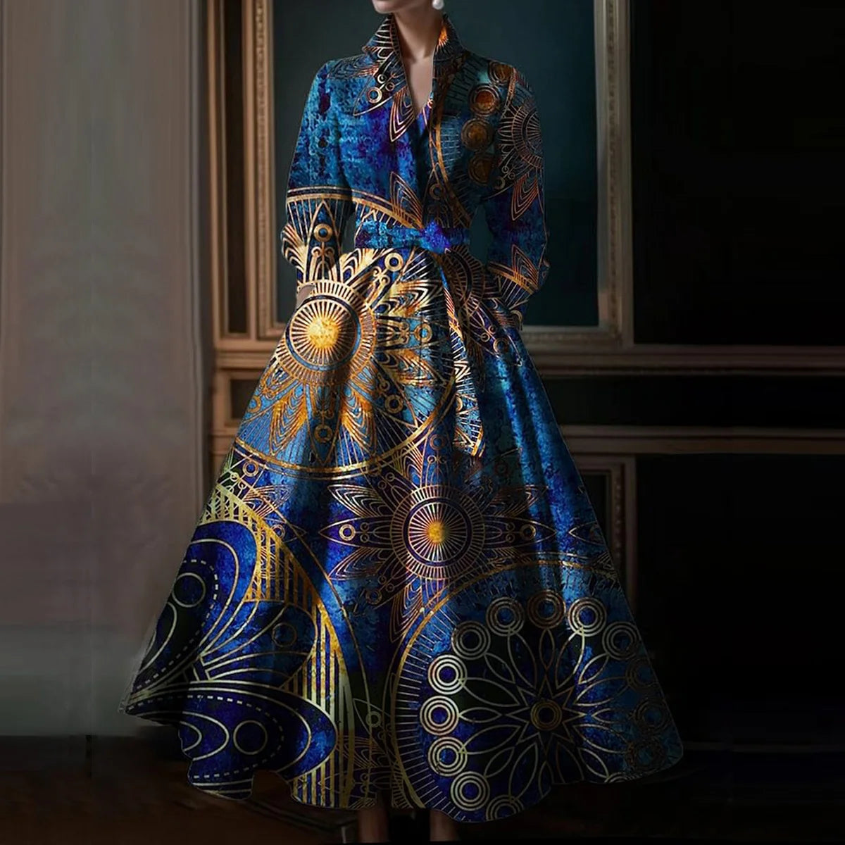 Elegant Floral Printing Maxi Dresses Multicolor Turndown Collar Long Sleeve Cotton Long Dress Party Wedding Evening Dress 2024