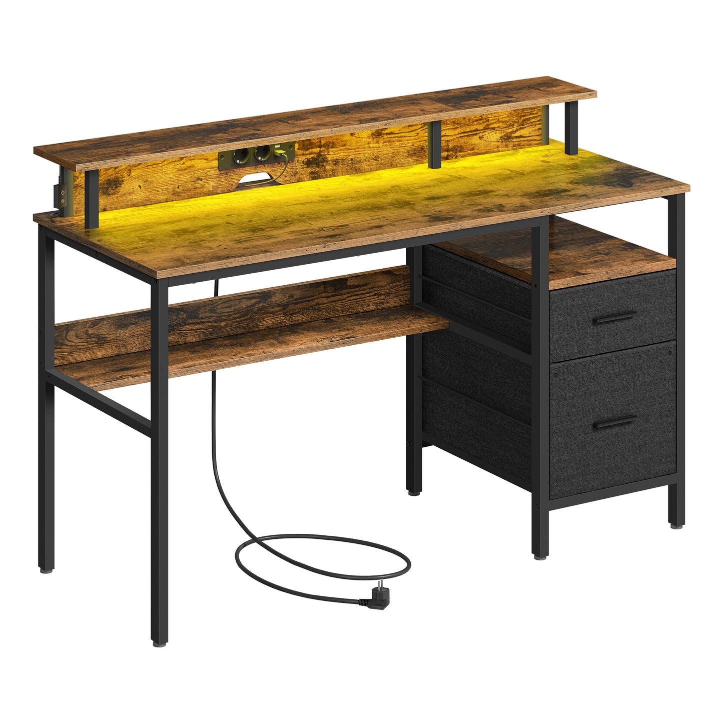 VASAGLE Bureau Gaming avec Lumières LED et Multiprise, Bureau Informatique avec Support d'Écran, Table avec Rangement, 2 Tiroirs en Tissu, 2 Ports USB, pour Bureau