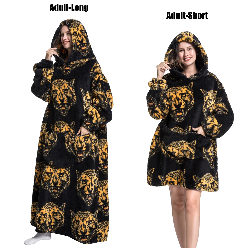 Femmes couvertures avec manches adulte Super chaud surdimensionné sweats à capuche hiver en peluche flanelle pyjama sweat hommes femmes couverture portable