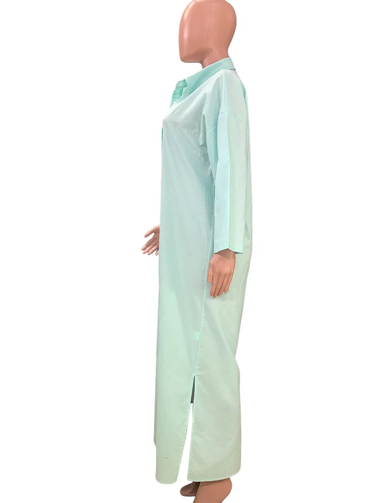 BAMBOOBOY Summer Long Dress Women Three-quarter Sleeve Button Shirts Single Breasted Dresses V-Neck Loose Slit Beach Sundress