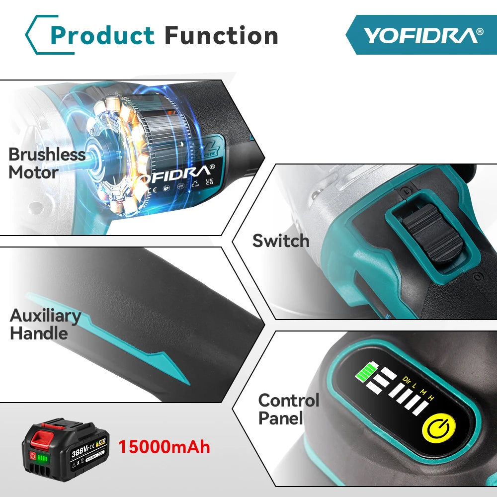 Yofidra 125mm meuleuse d'angle sans brosse 4 vitesses rectifieuse sans fil coupe travail du bois pour Makita 18V-21V batterie broche