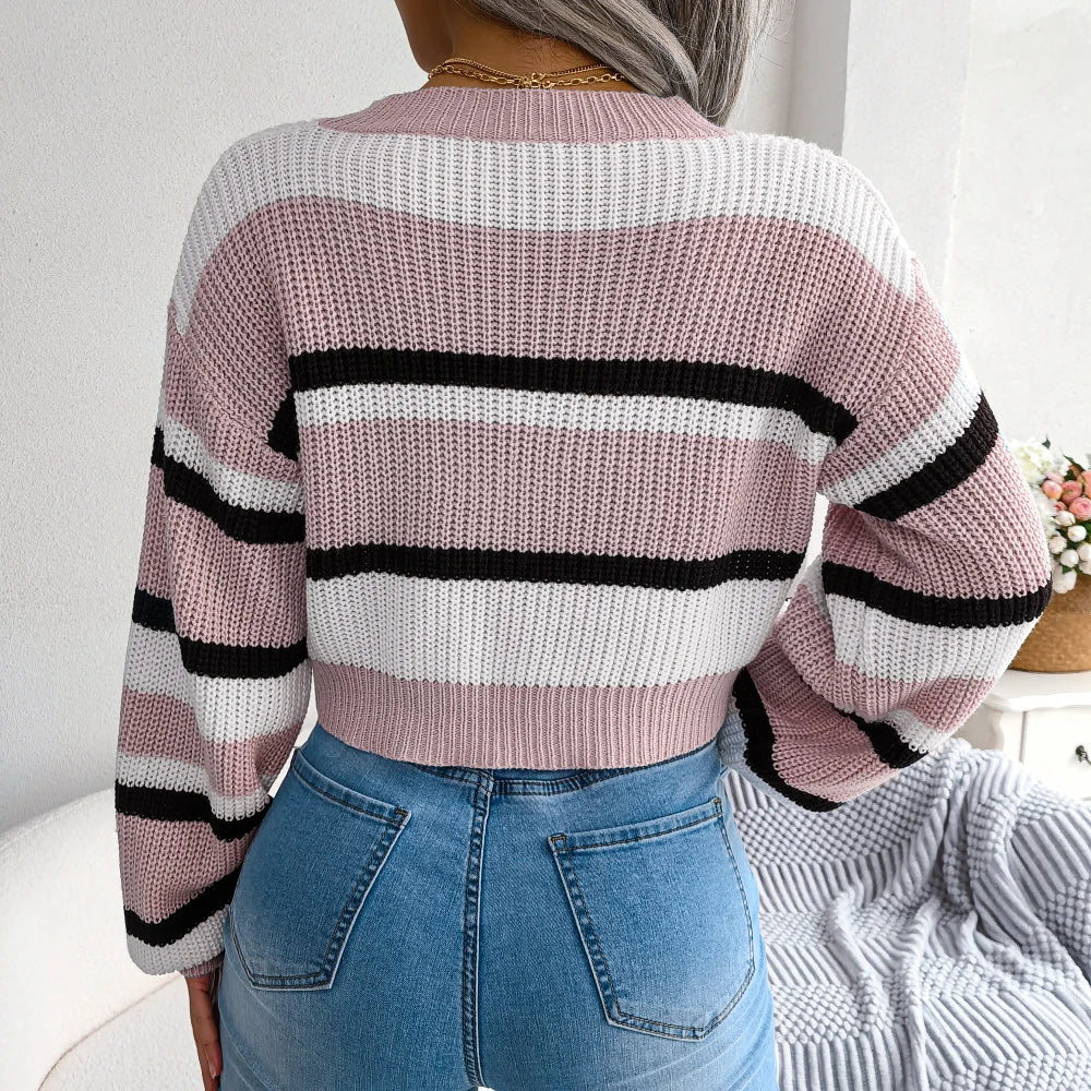 Femmes décontracté rayé à manches longues haut court tricoté pulls et chandails 2023 automne hiver vêtements
