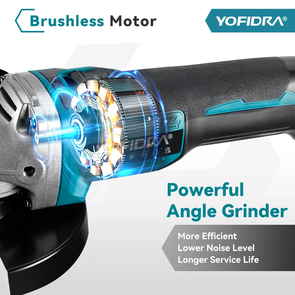 Yofidra 125mm meuleuse d'angle sans brosse 4 vitesses rectifieuse sans fil coupe travail du bois pour Makita 18V-21V batterie broche