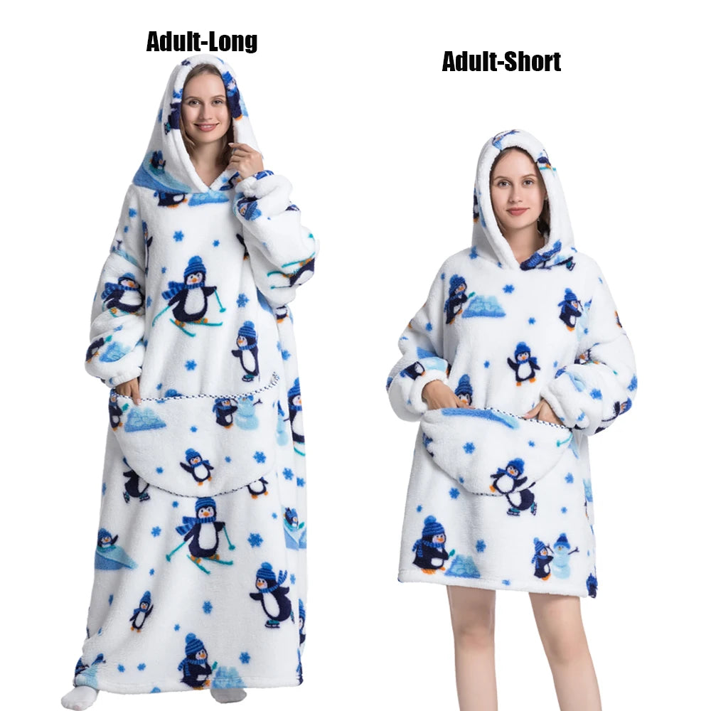 Femmes couvertures avec manches adulte Super chaud surdimensionné sweats à capuche hiver en peluche flanelle pyjama sweat hommes femmes couverture portable