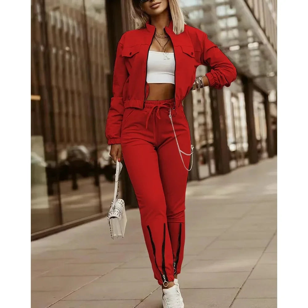 Ensemble de leggings zippés à manches longues pour femmes, veste de proximité, style de rue, 2 pièces