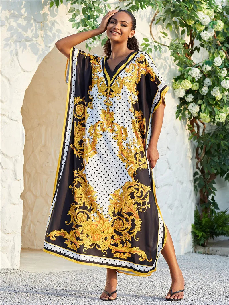 Tenues de plage pour femmes, cache-maillot de bain, robe caftan, tunique longue, Maxi, grande taille, maillot de bain imprimé Polyester
