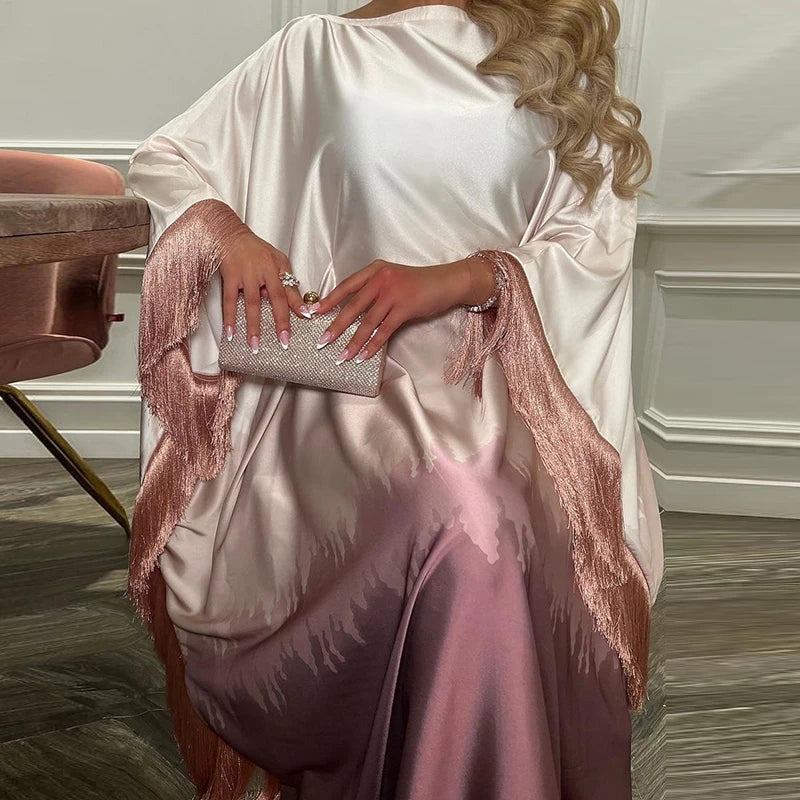 Fashion O-neck Tassels Patchwork Robe Dress Elegant Gradient Print Loose Long Dress Women's Casual Batwing Sleeve Party Dresses