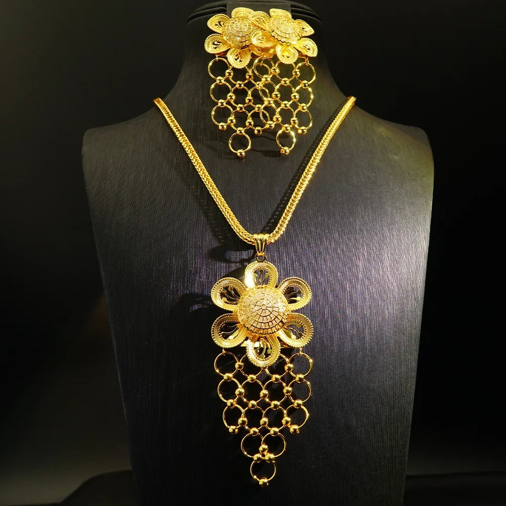 Ensemble de boucles d'oreilles et collier avec pendentif en forme de fleur en or 24 carats plaqué cuivre, accessoires de mariage pour femmes