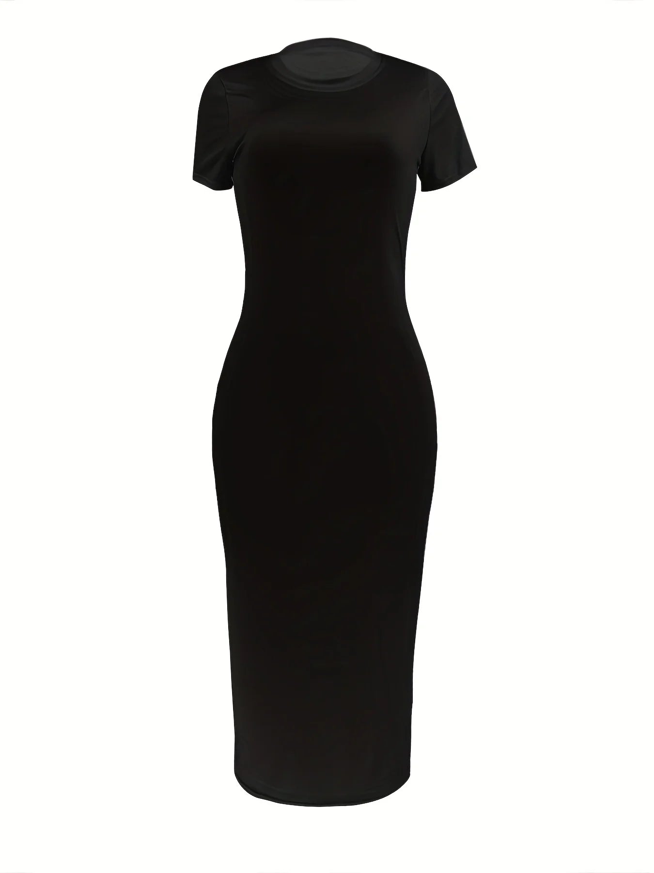 Femmes d'été décontracté mode coupe ajustée sexy couleur unie col rond manches courtes robe longue noir grande taille XS-5XL