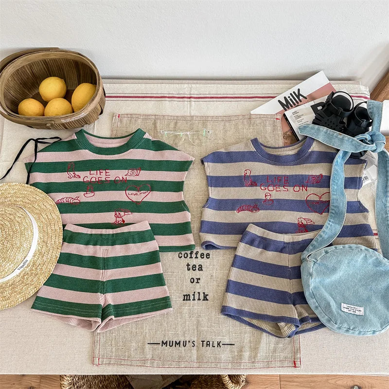 deer jonmi 2024 Summer Korean Style Unisex Kids Striped Outfits Embroidery Loose Tops Shorts 2pcs Toddlers Kids Clothing Sets