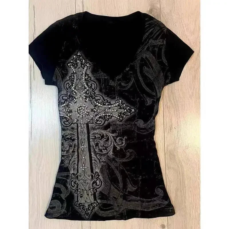 Vintage vêtements femmes imprimer Sexy Punk Streetwear mince Femme t-shirts chemise gothique décontracté Grunge t-shirts 2000s Emo Y2k haut court