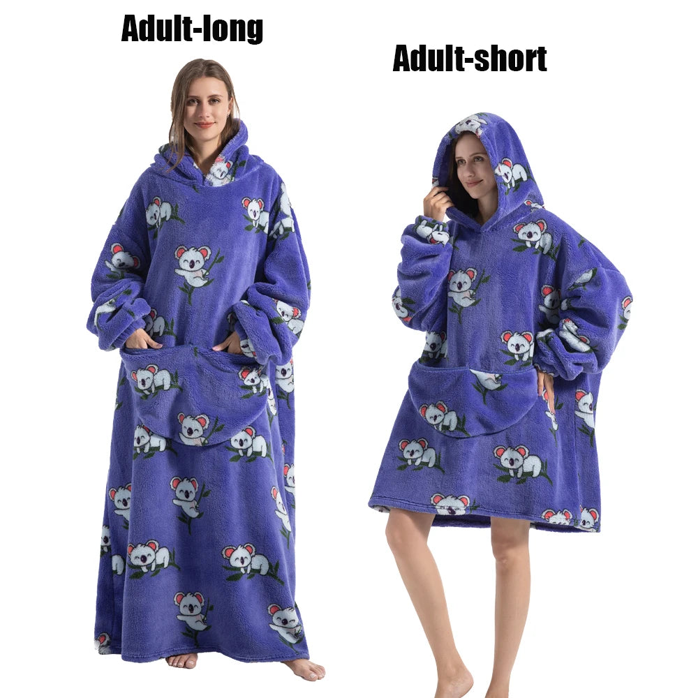 Femmes couvertures avec manches adulte Super chaud surdimensionné sweats à capuche hiver en peluche flanelle pyjama sweat hommes femmes couverture portable