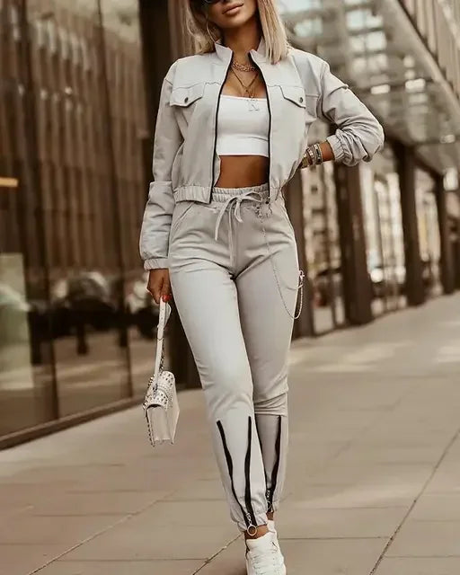 Ensemble de leggings zippés à manches longues pour femmes, veste de proximité, style de rue, 2 pièces