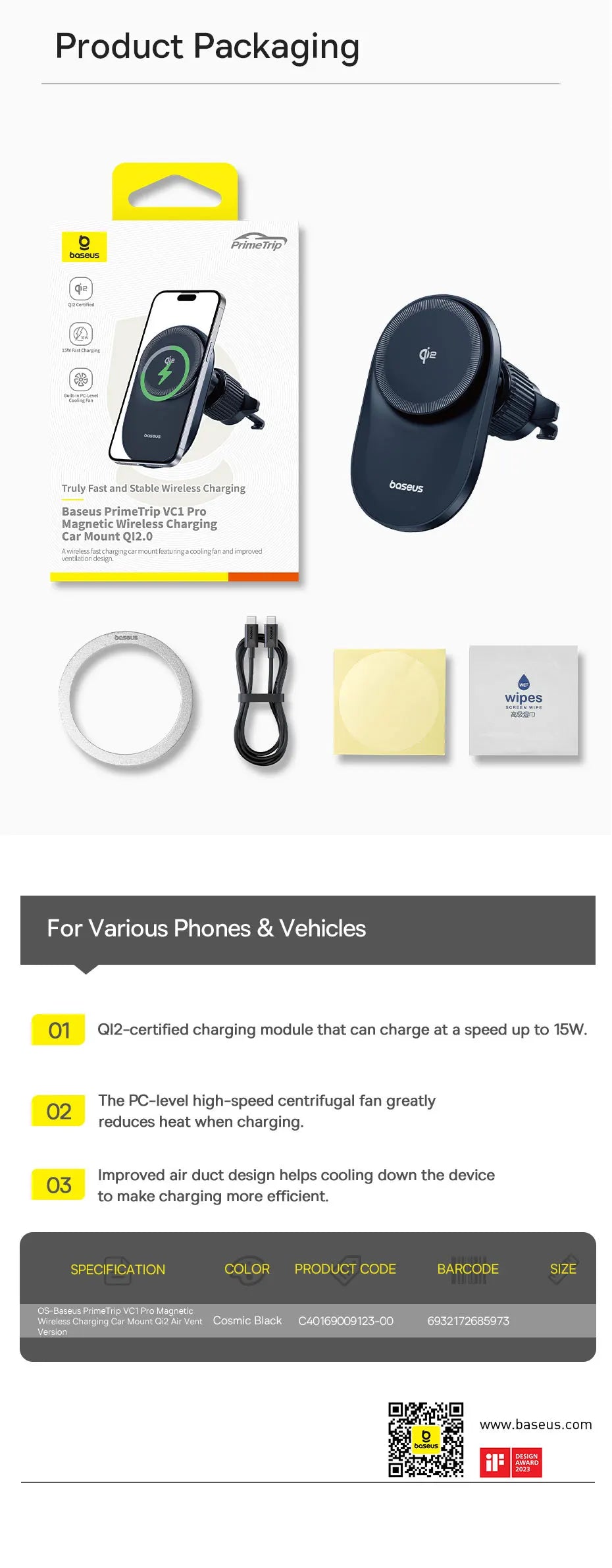 Baseus Chargeur sans fil magnétique pour voiture, Qi2, 15W, charge rapide, support de téléphone, ventilateur de refroidissement, iPhone 16, 15, 14, Samsung, Xiaomi