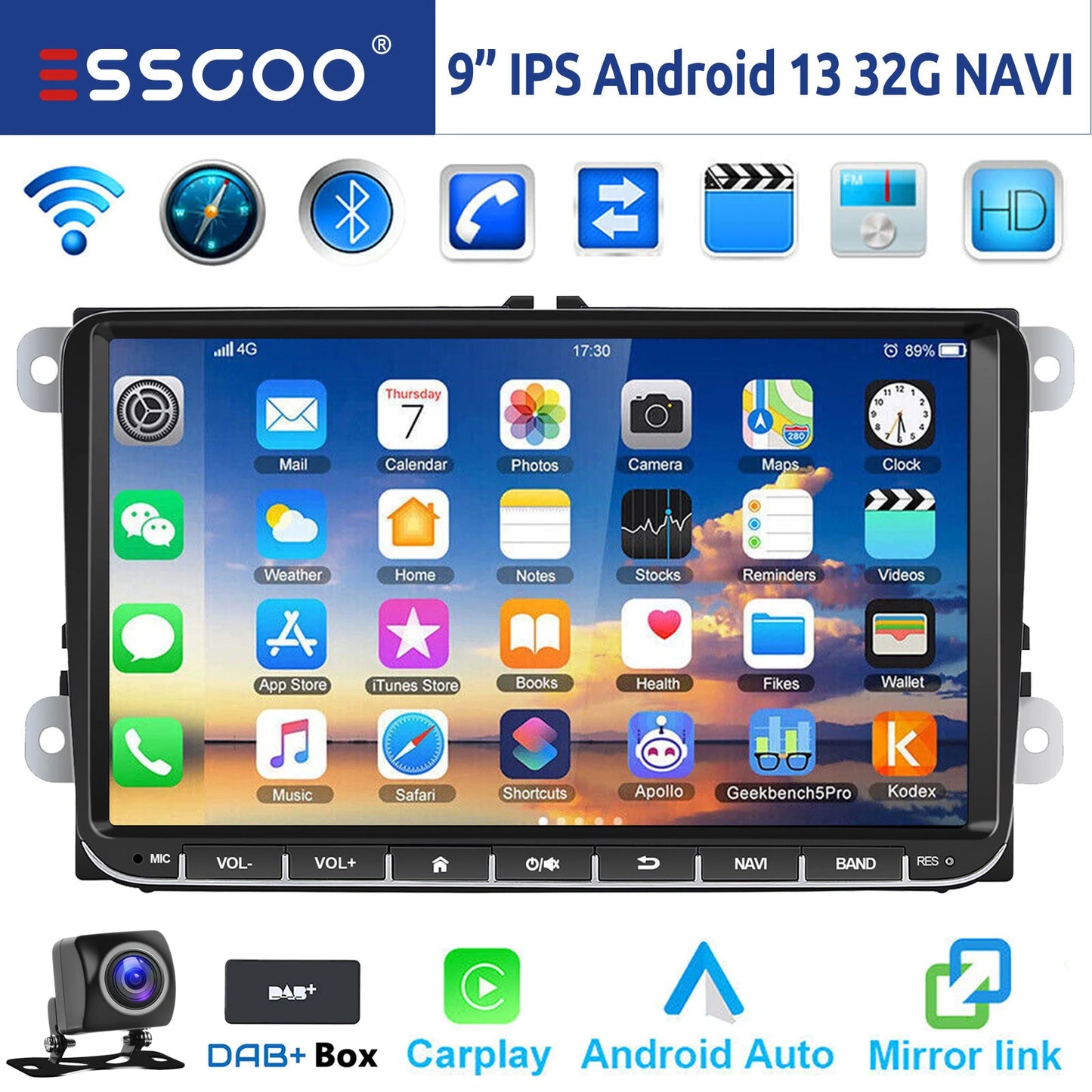 ESSGOO-Autoradio Android 14 de 9 Pouces, 4 Go/64 Go, Navigation GPS N183, WiFi, RDS, FM, BT, pour Voiture VW Golf 5/6, Passat, Polo, Touran, Tiguan, Caddy, EOS