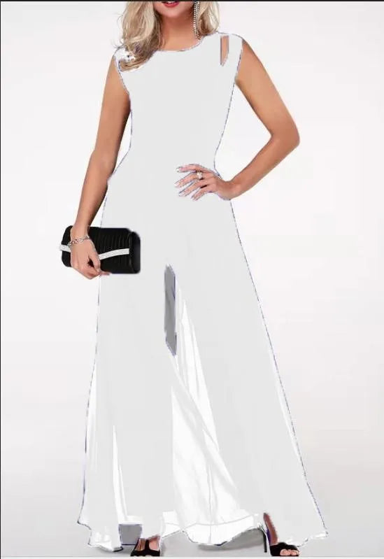Femmes été longue combinaison 2023 coupe ajustée col rond sans manches creux lait soie couleur unie combinaison femme robes YML 2022417