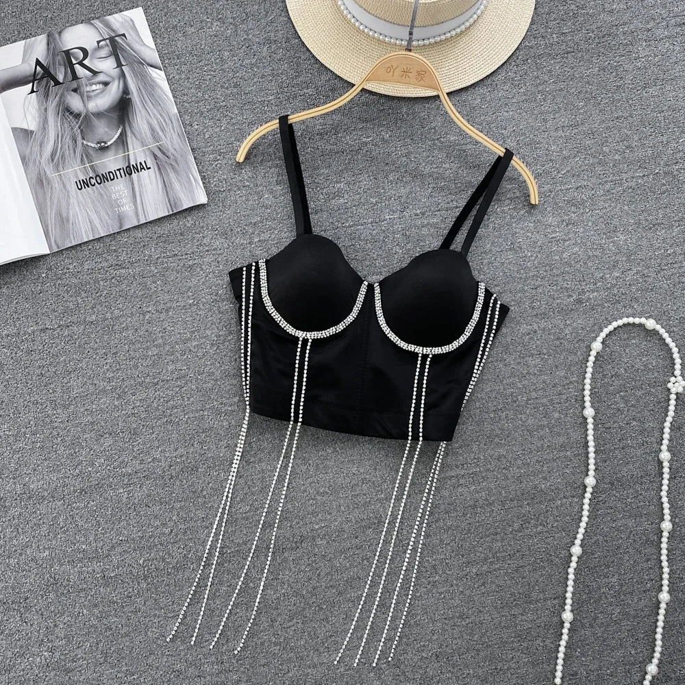 Femmes Chic glands coussinets strass basique Corset bretelles Camis mince chaud Sexy mode nu nombril dos nu hauts femmes haut court