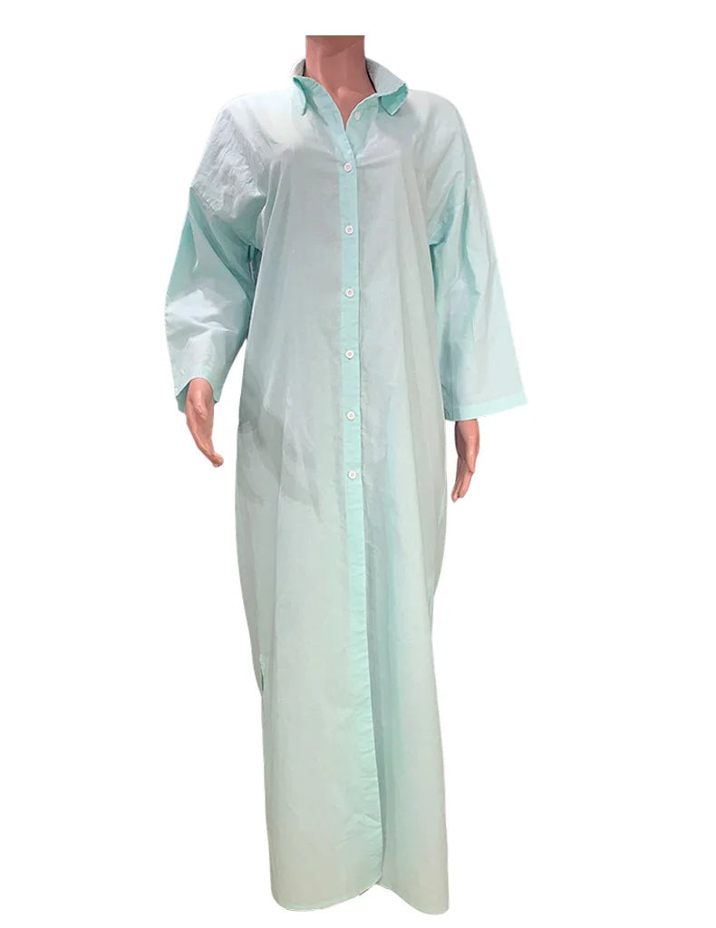 BAMBOOBOY Summer Long Dress Women Three-quarter Sleeve Button Shirts Single Breasted Dresses V-Neck Loose Slit Beach Sundress