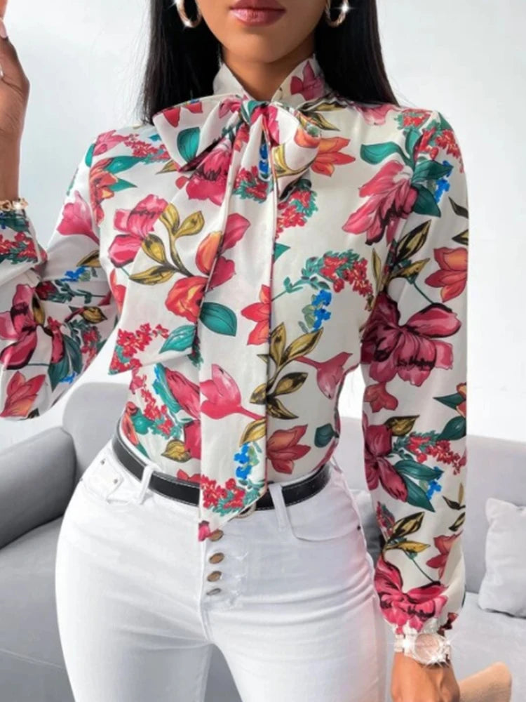 Vêtements de travail à imprimé floral pour femmes, chemise à nœud, habillage de bureau, vêtements d'affaires décontractés, mode