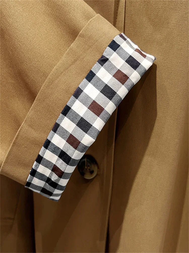 Trench-Coat classique mi-long pour femme, doublure à carreaux, simple boutonnage, col rabattu, coupe-vent ample, automne hiver