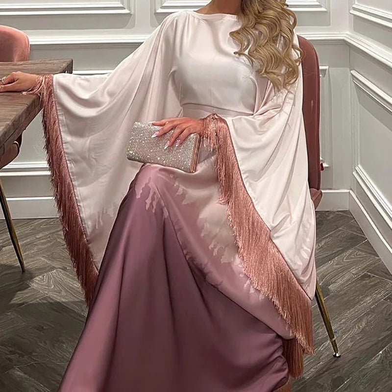 Fashion O-neck Tassels Patchwork Robe Dress Elegant Gradient Print Loose Long Dress Women's Casual Batwing Sleeve Party Dresses