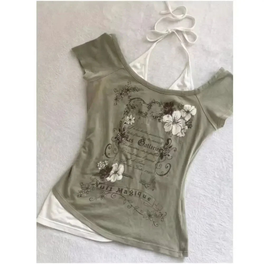 Y2k-T-shirt à Manches Courtes pour Femme, Vêtement Vintage Doux et Sexy, Col Licou, Slim, Décontracté, Populaire, Chic