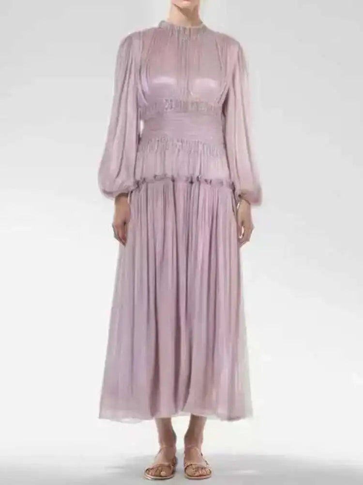 UCXQ Elegant Long Dress French Style Tassels Diamonds Fold Waist Ruffled Edges Evening Dresses Women 2025 Spring Autumn 3WQ8194