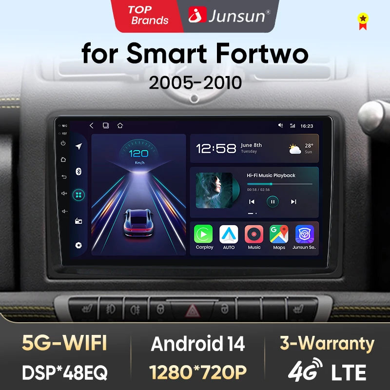 Junsun Android14 autoradio pour Merced Benz Smart Fortwo 451 2005-2010 stéréo pour Apple sans fil CarPlay multimédia GPS FM RDS 4G