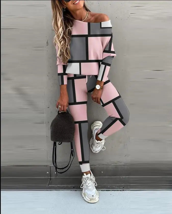 Ensemble 2 pièces imprimé pour femme, tenue de sport décontractée, pantalon de jogging en V, ensembles trempés, vêtements de survêtement, automne